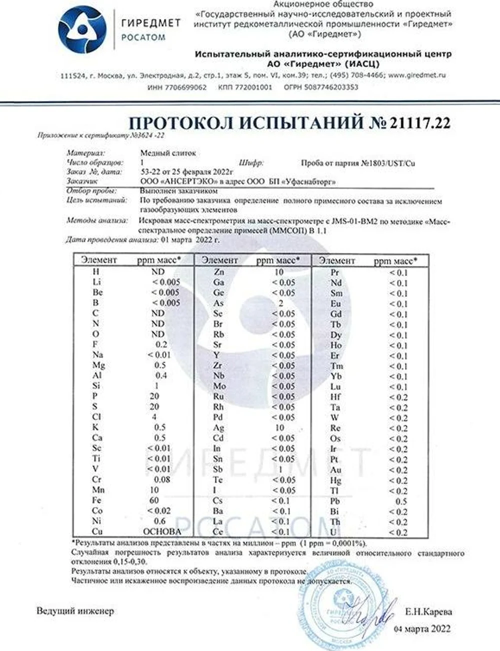 СЕРТИФИКАТ 
на медные слитки